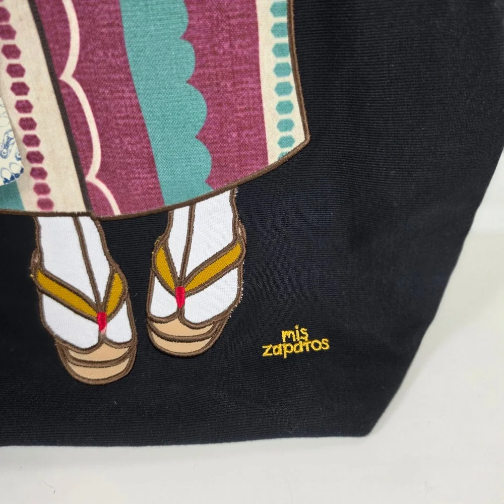 Mis Zapatos Japanese Kimono‎ Geta Sandals Canvas Tote Bag Handbag Black NWT
